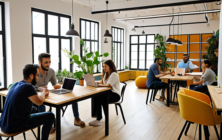 **

"A diverse group of young Turkish professionals collaborating in a modern, brightly lit coworking space. Laptops, brainstorming boards, and plants create a collaborative atmosphere. Focus on the shared kitchen and common area with people socializing."

**